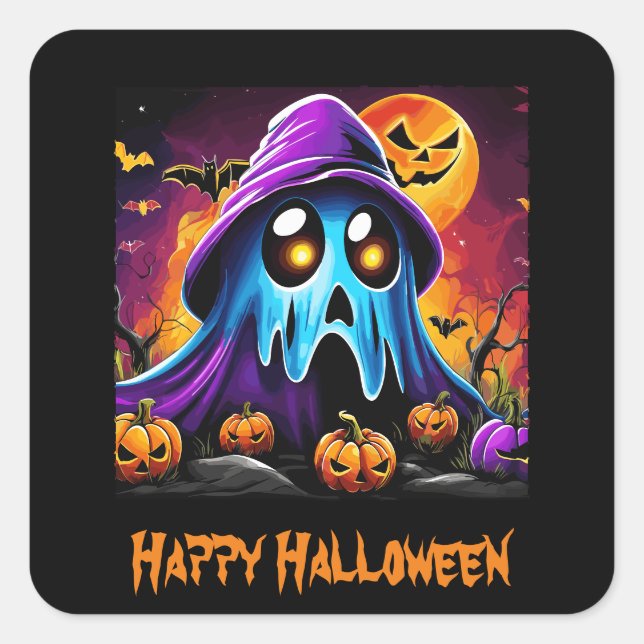 Colourful Halloween Ghost Pumpkin Happy Halloween  Square Sticker (Front)
