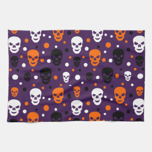Colourful Halloween Skulls Polka Dots Pattern Kitchen Towel