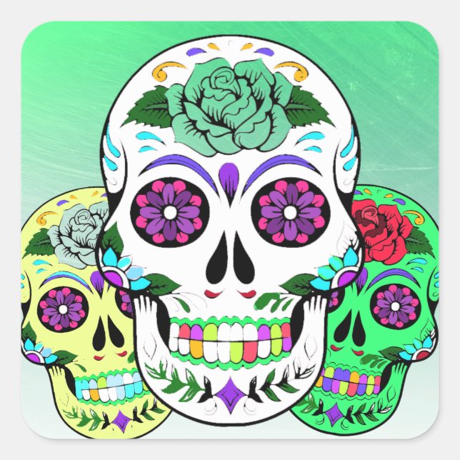 Colourful Halloween Sugar Skulls Square Sticker (Front)