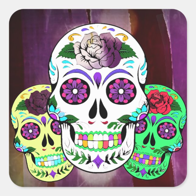 Colourful Halloween Sugar Skulls Square Sticker (Front)