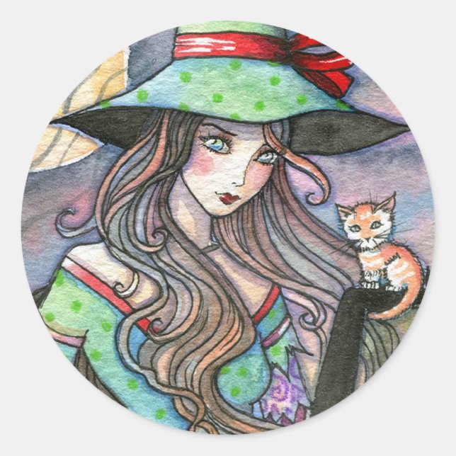 Colourful Halloween Witch and Tabby Kitten Sticker (Front)