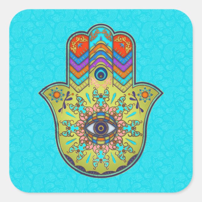Colourful  Hamsa Hand with paisley Square Sticker (Front)