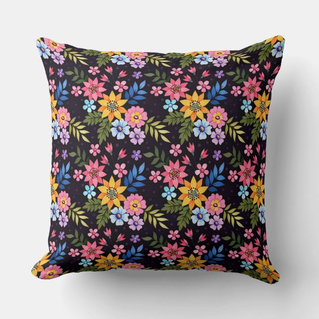Colourful Hand Draw Flowers Seamless Pattern-5 Throw Pillow (Front)