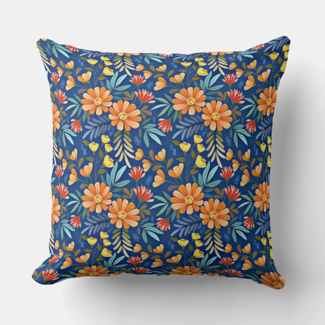 Colourful Hand Draw Flowers Seamless Pattern-7 Throw Pillow (Front)