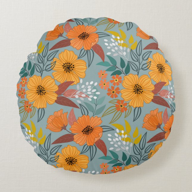 Colourful hand draw flowers seamless pattern round pillow (Front)