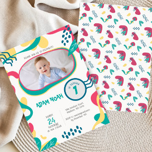 Colourful Hand Drawn 1st Birthday Photo Invitation