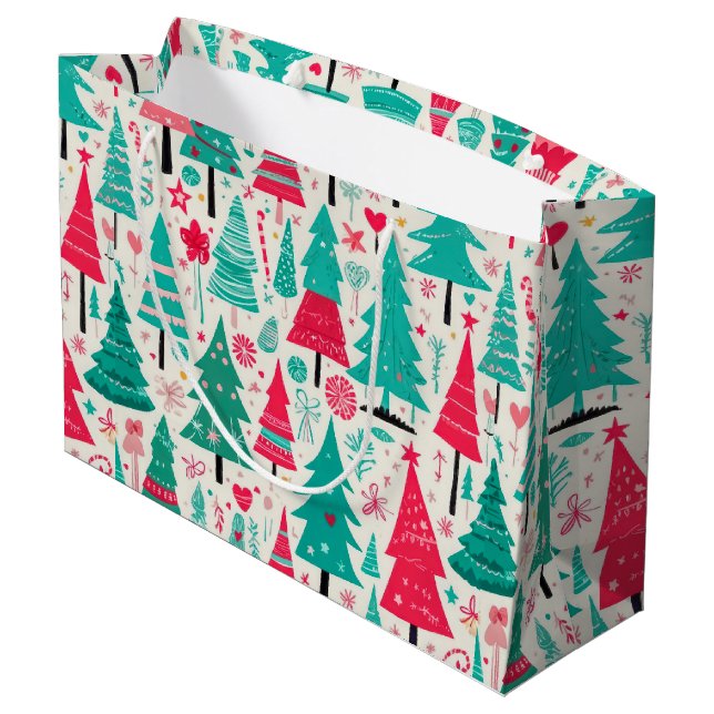 Colourful Hand Drawn Christmas Tree Pattern  Large Gift Bag (Back Angled)