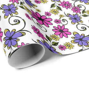 Colourful Hand Drawn Doodled Art Flowers Wrapping Paper