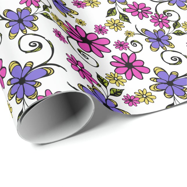 Colourful Hand Drawn Doodled Art Flowers Wrapping Paper (Roll Corner)