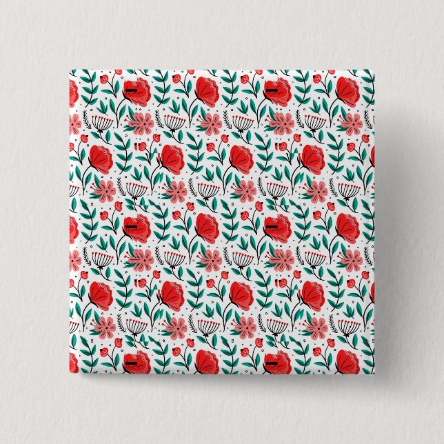 Colourful Hand Drawn Floral Pattern. 2 Inch Square Button (Front)