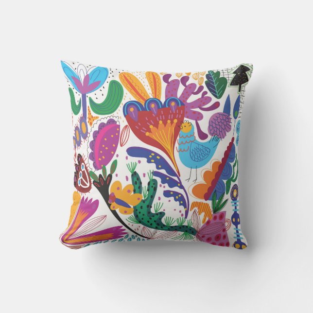 Colourful Hand Drawn Floral & Plants Throw Pillow (Front)
