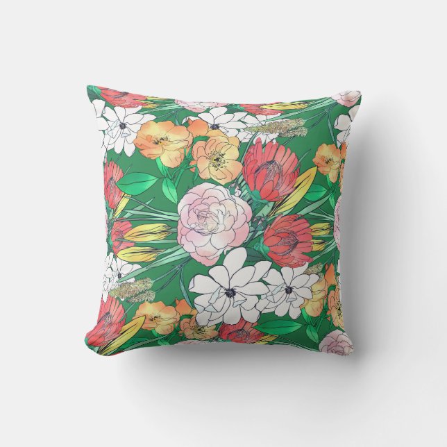 Colourful Hand Drawn Flowers Green Girly Design Outdoor Pillow (Front)