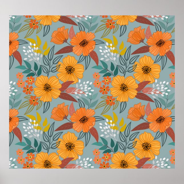 Colourful Hand Drawn Flowers Pattern Poster (Front)