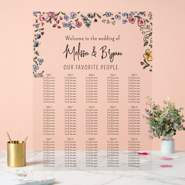 Colourful hand drawn flowers Wedding seating chart (Wedding)