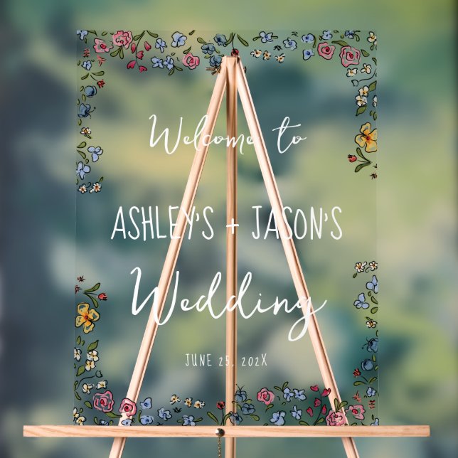 Colourful hand drawn flowers Wedding welcome sign (Neutral)