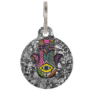 Colourful Hand Drawn Hamsa Hand an Floral Drawings Pet Tag