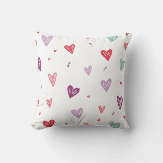 Colourful Hand-Drawn Hearts Throw Pillow