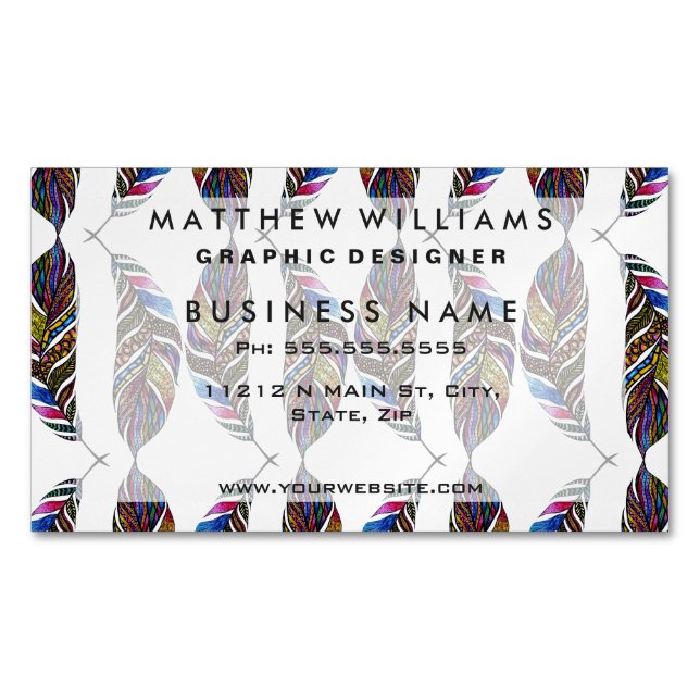 Colourful Hand Drawn Pattern Feathers Magnetic Business Card (Front)