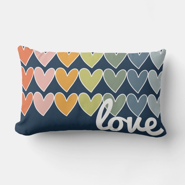 Colourful Hand Drawn Rainbow Hearts Lumbar Pillow (Front)