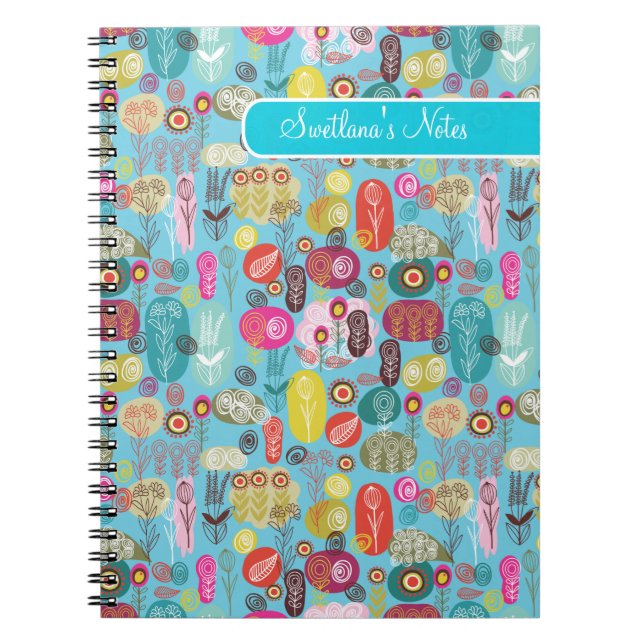 Colourful Hand Drawn Retro Flowers-Monogram Notebook (Front)