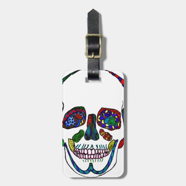 Colourful Hand Drawn Sugar Skull Mosaic Luggage Tag (Front Vertical)