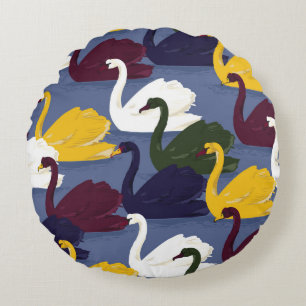 Colourful hand drawn swan bird in the blue lake se round pillow
