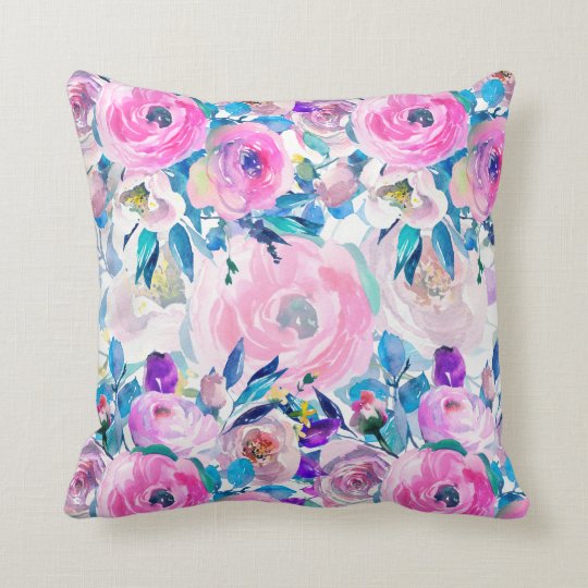 Colourful Hand Drawn Watercolors Floral Collage Throw Pillow