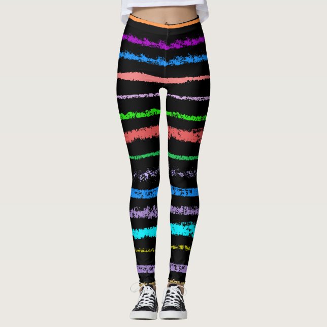 Colourful Hand Made Stripes Pattern On Black Leggings (Front)