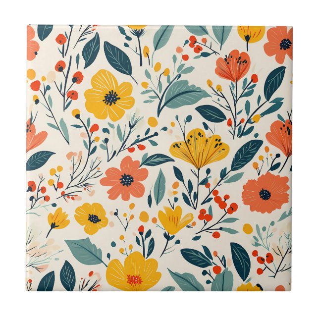 Colourful Hand-painted Floral Flowers  Tile (Front)