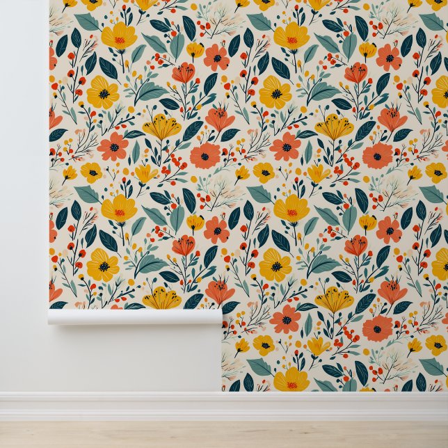 Colourful Hand-painted Floral Flowers  Wallpaper (Application)