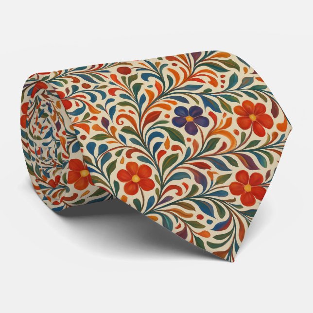 Colourful Hand-Painted Floral Vine  Tie (Rolled)