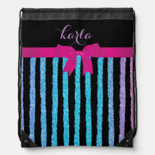 Colourful Hand painted Glitter Stripes Pink Ribbon Drawstring Bag