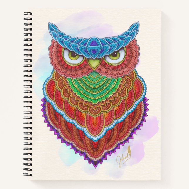 Colourful Hand-Painted Owl Notebook (Front)