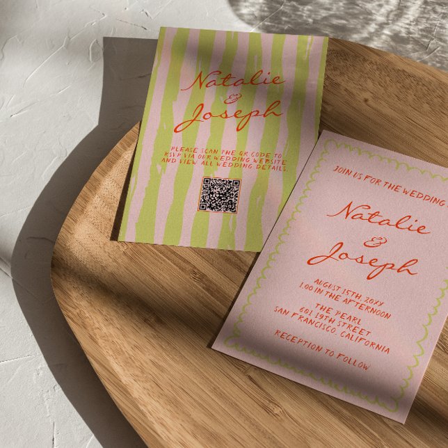 Colourful Hand Written Pinstripes QR Code Wedding Invitation (Creator Uploaded)