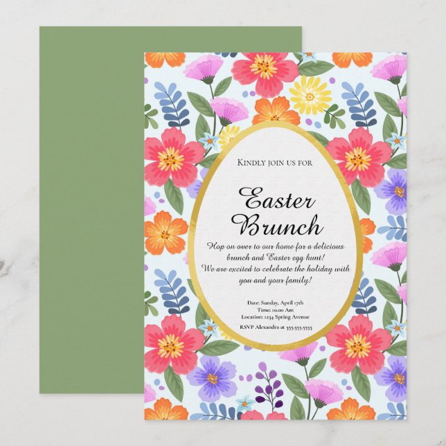 Colourful Handdrawn Floral Green Easter Brunch Invitation (Front/Back)