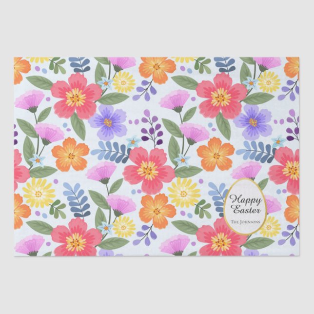 Colourful Handdrawn Vibrant Floral Pink Easter Tissue Paper (Front)