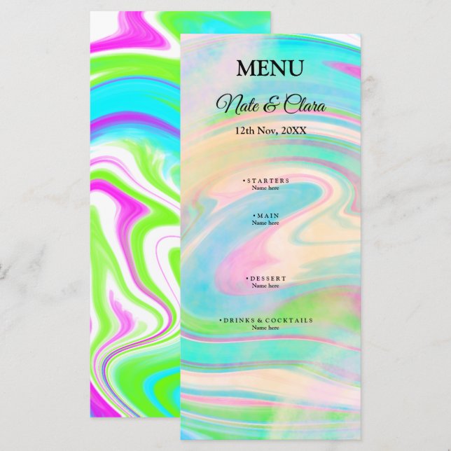 Colourful handpainted acrylic fluid pour wedding menu (Front/Back)