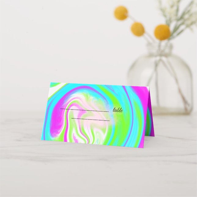 Colourful handpainted acrylic fluid pour wedding place card (Front)