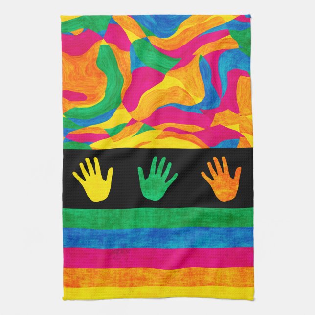 Colourful Handprint Abstract Pattern Kitchen Towel (Vertical)