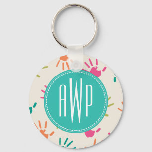 Colourful Handprints Monogram Teacher Keychain