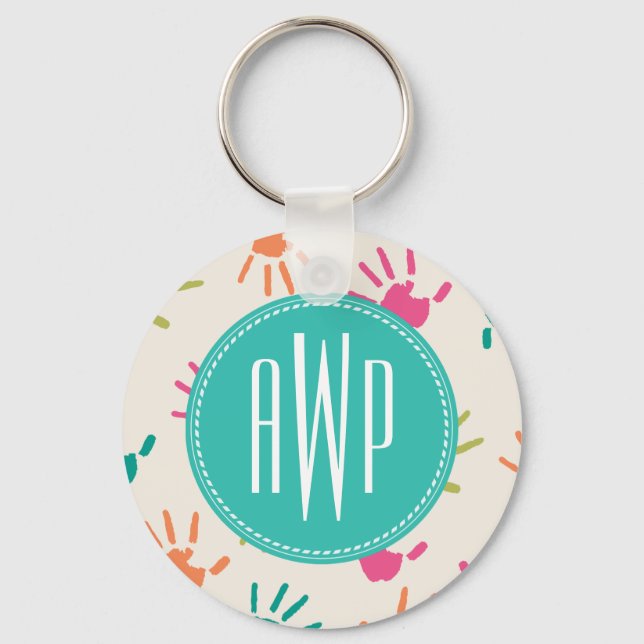 Colourful Handprints Monogram Teacher Keychain (Front)