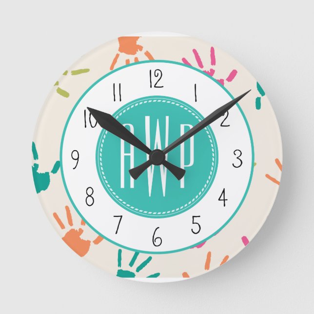 Colourful Handprints Monogram Teacher Round Clock (Front)