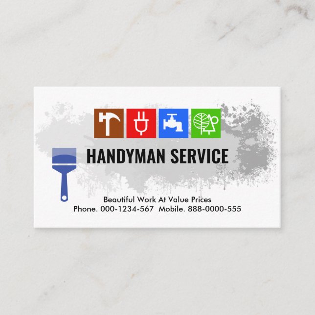 Colourful Handyman Tools Paint Splatter Business Card (Front)
