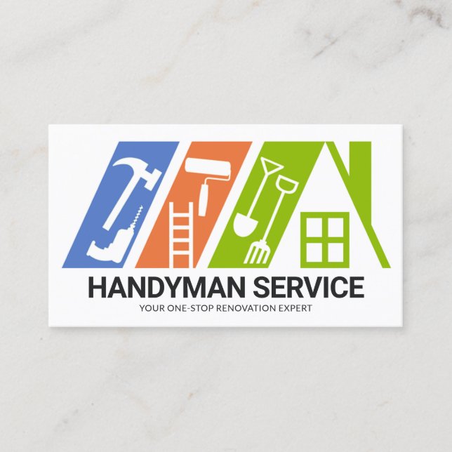 Colourful Handyman Tools Rooftop Building Business Card (Front)