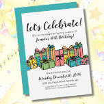 Colourful Happy 40th Birthday Party Invitation<br><div class="desc">The Colourful Presents Happy Birthday Party Invitation is great for a classic birthday style and can work for any ages. Feel free to change out the backside colour to one of the other colours, or remove if you prefer. Radiating playful charm, the hand-drawn wrapped presents in teal, pink, orange, green,...</div>