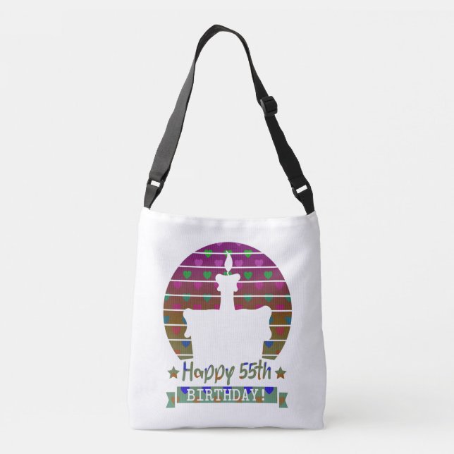 Colourful Happy 55th birthday cake with hearts Crossbody Bag (Back)