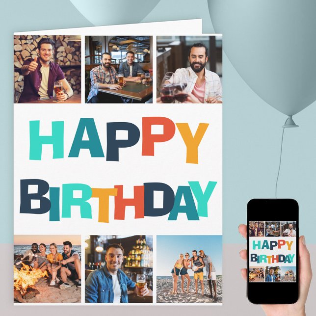 Colourful Happy Birthday 6 Photo Collage Card (Creator Uploaded)