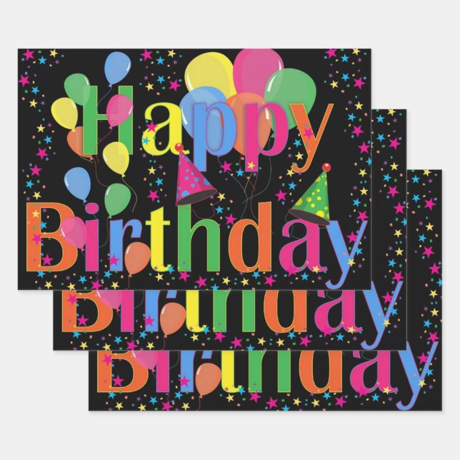 Colourful Happy Birthday Balloons and Stars Black Wrapping Paper Sheet (Set)