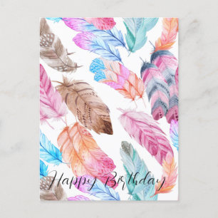 Colourful Happy Birthday Boho Feathers Postcard