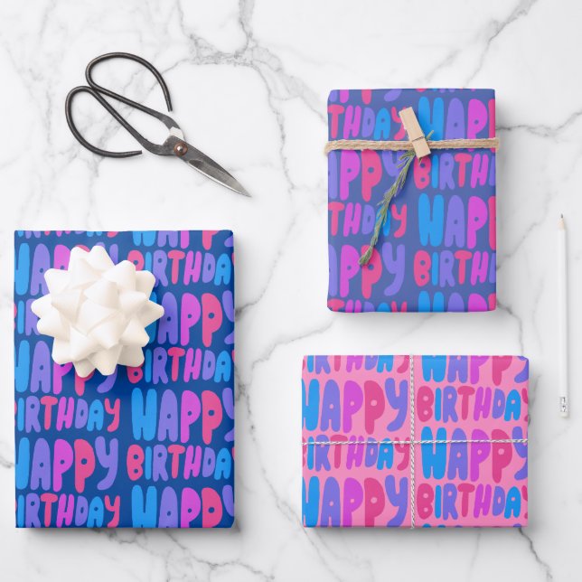 Colourful Happy Birthday Bubble Letter Pattern Gif Wrapping Paper Sheet (Front)